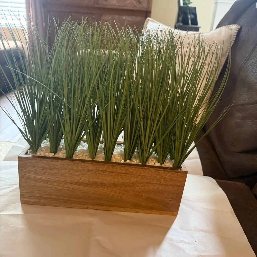 New MyGift Faux Grass Plants Wooden Acacia Planter 12